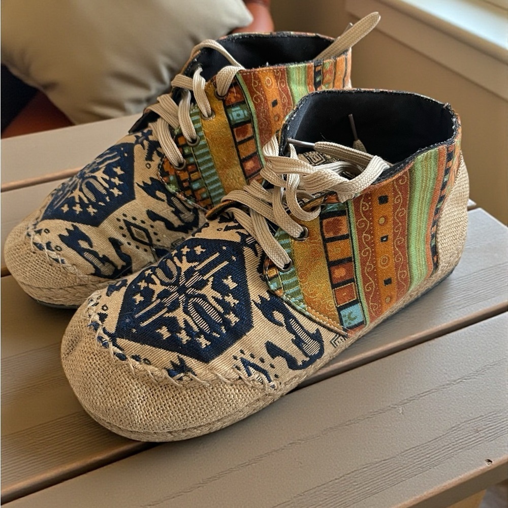 Boho patchwork cotton Burlap shoes women’s EU 39 art natural round toe - Picture 6 of 6